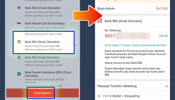 shopeepay top up bank bni - nomor virtual account va rekening