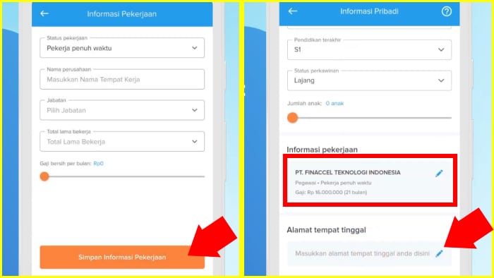 simpan informasi pekerjaan lalu isi alamat tempat tinggal