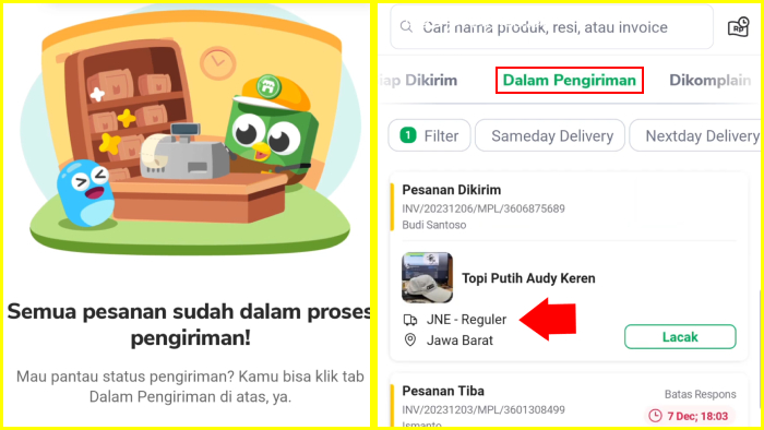 status pesanan dalam pengiriman dengan kurir yang baru