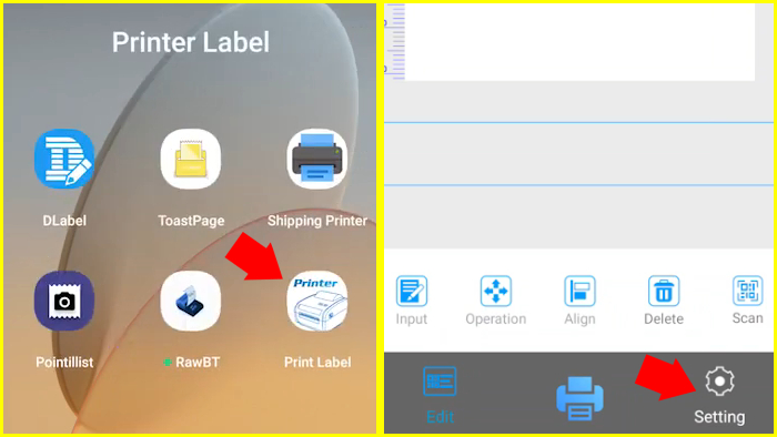 tap aplikasi print label lalu masuk ke setting