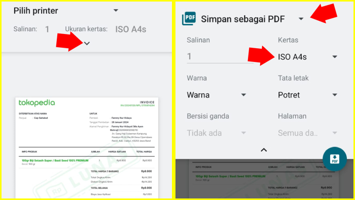 tap dropdown simpan invoice sebagai pdf lalu ubah kertas