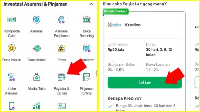 tap menu paylater dan cicilan lalu daftar kredivo