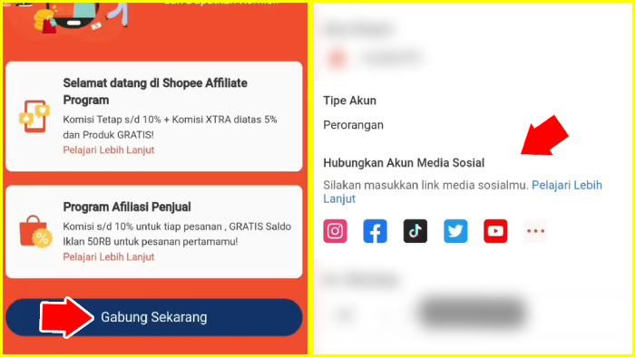 tekan gabung sekarang lalu hubungkan akun media sosial ke shopee