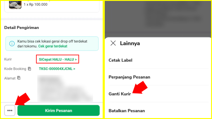 tekan ikon 3 titik pilih ganti kurir