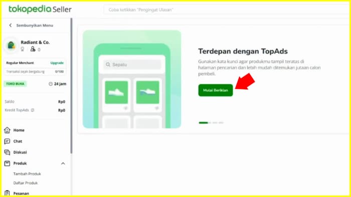 tekan mulai beriklan pada halaman iklan dan promosi