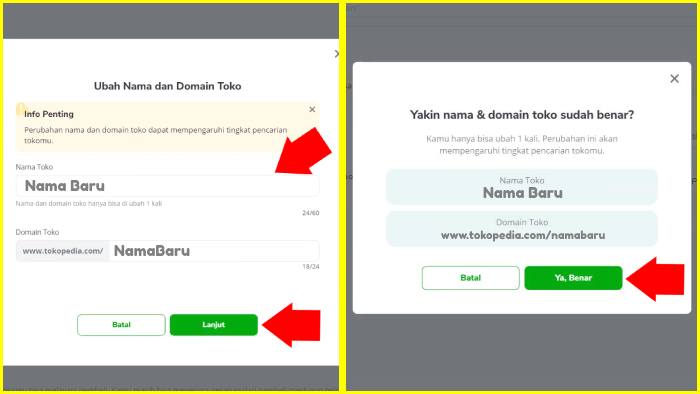 tentukan konfirmasi nama baru toko dan username atau domain tokopedia nya