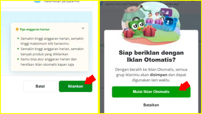 tips anggaran harian tombol iklankan dan pengaktifan iklan otomatis