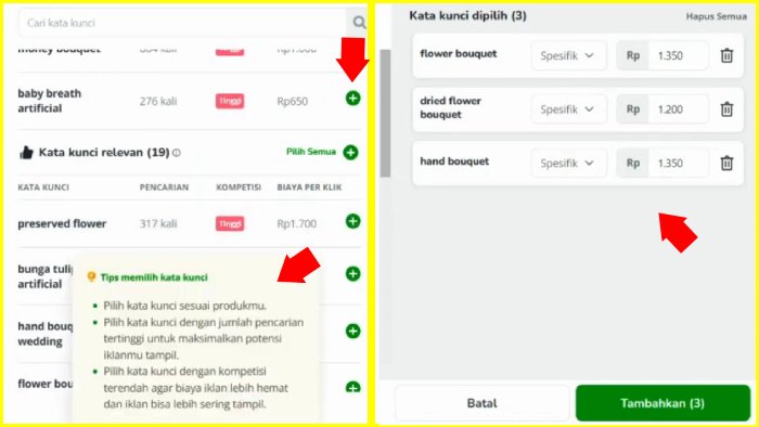 tips milih kata kunci dan kata kunci terpilih untuk ditambahkan ke kampanye