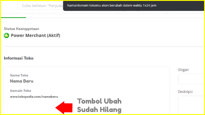 tombol ubah untuk ganti nama toko sudah hilang dari dashboard tokopedia seller