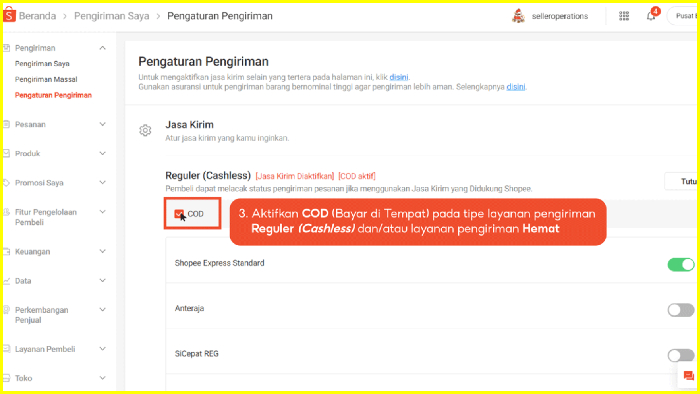 aktifkan cod bayar di tempat pada tipe layana pengiriman reguler