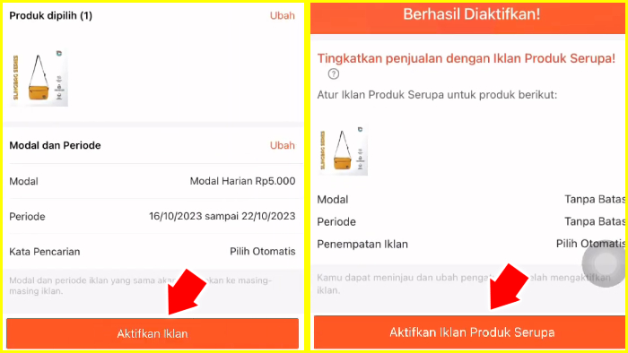 aktifkan iklan lalu aktifkan iklan produk serupa