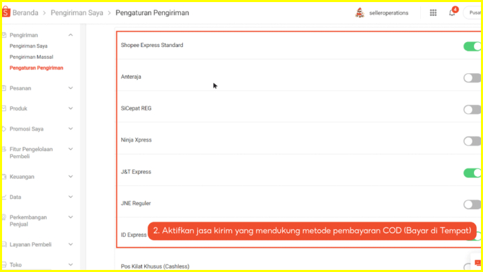 aktifkan jasa kirim yang mendukung pembayaran cod