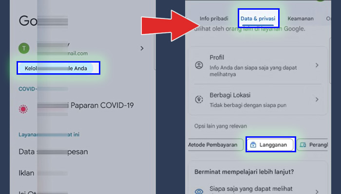 android pengaturan kelola akun google anda - data dan privasi langganan