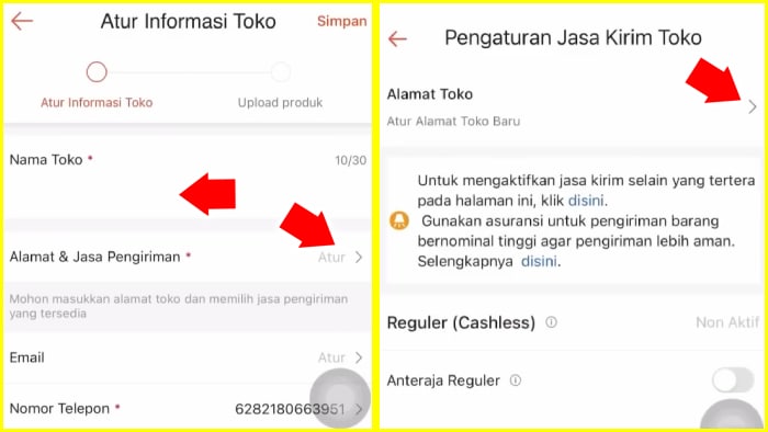 atur informasi toko seperti nama toko alamat dan jasa pengiriman