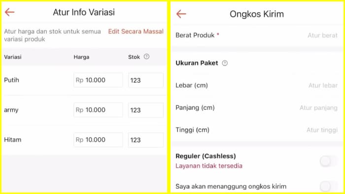 atur variasi harga dan pengaturan dasar untuk ongkos kirim