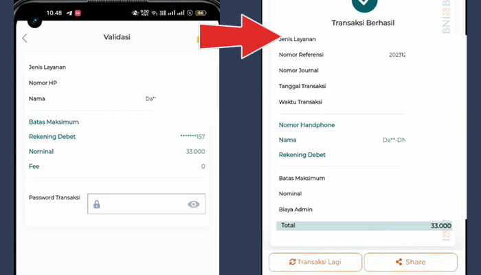 bni mobile validasi e-wallet dana - transaksi berhasil