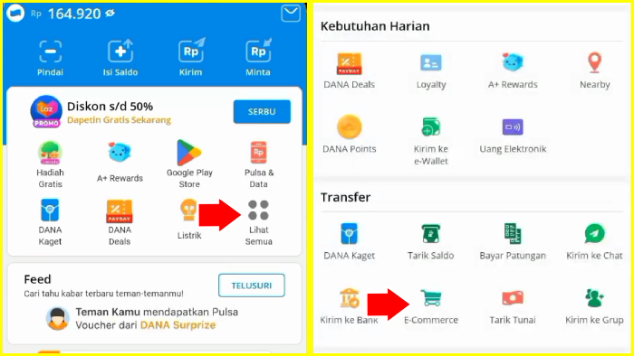 buka dana tekan menu lihat semua opsi transfer tekan e-commerce