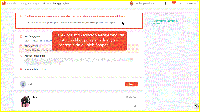 cek halaman rincian pengembalian untuk melihat pengembalian yang sedang ditinjau oleh shopee