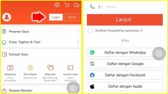 daftar shopee dengan nomor telepon atau whatsapp gmail facebook dan apple