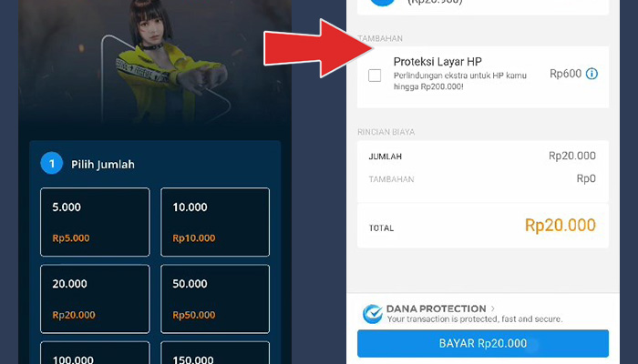 dana free fire pilih jumlah nominal top up - konfirmasi pembayaran