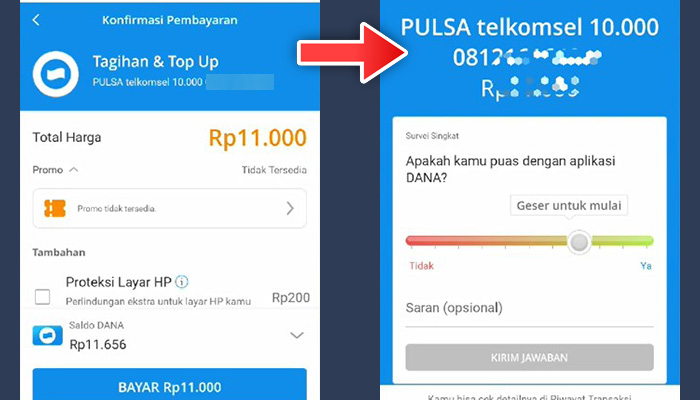dana konfirmasi pembayaran pulsa - isi pulsa berhasil