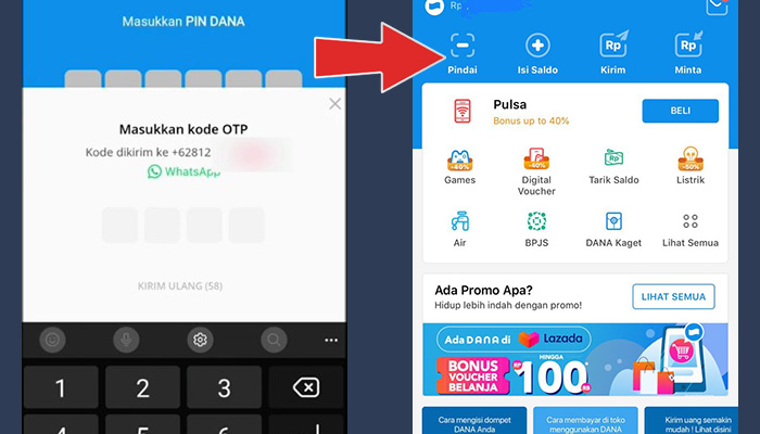 dana login kode otp whatsapp - berhasil login