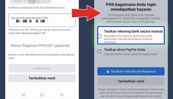 facebook pro fitur bintang TIN NPWP - tautkan rekening bank secara manual