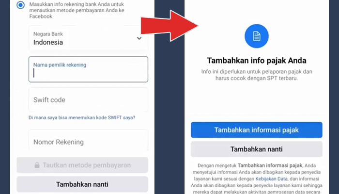 facebook pro fitur bintang data bank - tambahkan informasi pajak