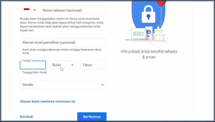 gmail nomor telepon tanggal lahir gender