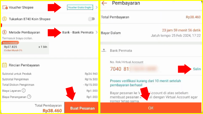 gunakan voucher gratis ongkir tekan buat pesanan copy no virtual account tekan ok