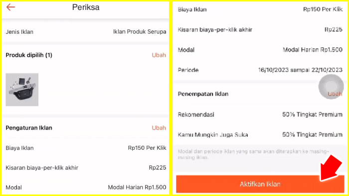 halaman periksa dan pengaktifan iklan produk serupa shopee