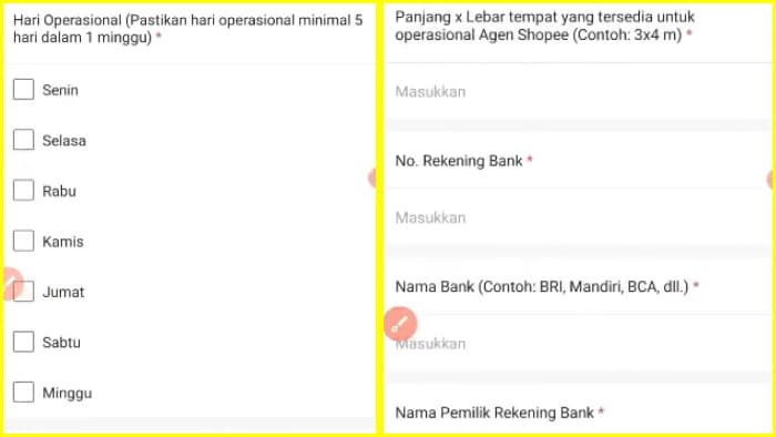 hari operasional ukuran outlet agen shopee dan nomor rekening agen