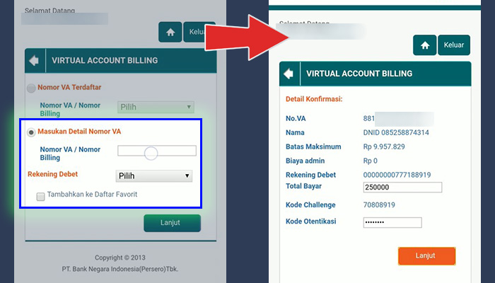 ibank bni masukan detail nomor va - total bayar kode otentikasi