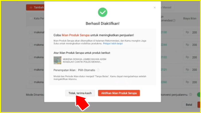 iklan shopee berhasil diaktifkan