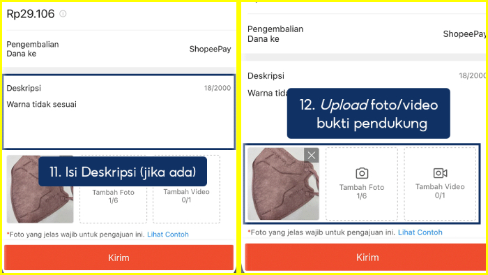 isi deskripsi lalu upload foto video unboxing ke shopee