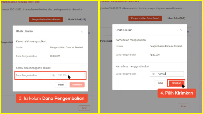 isi kolom dana pengembalian lalu pilih kirimkan