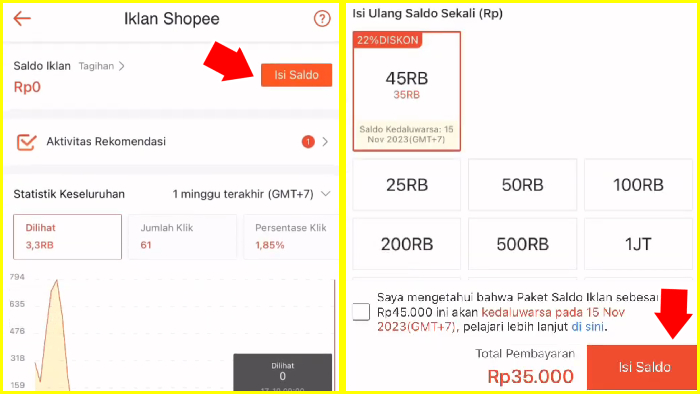 isi saldo iklan shopee lalu pilih nominal isi ulang