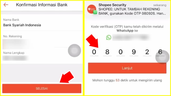 konfirmasi informasi bank dan kode verifikasi otp shopee security