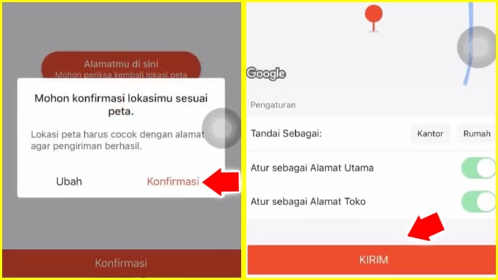 konfirmasi lokasimu sesuai peta lalu kirim ke shopee