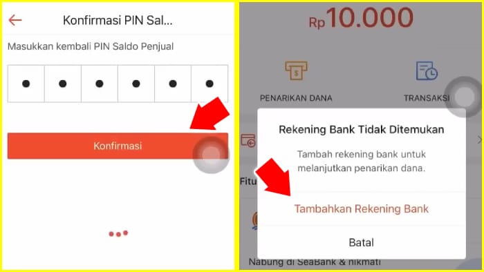 konfirmasi pin saldo penjual shopee lalu tambahkan rekening bank terlebih dahulu