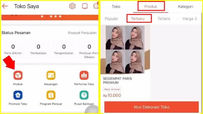 lihat produk pada toko saya pada menu produk di tab produk terbaru shopee