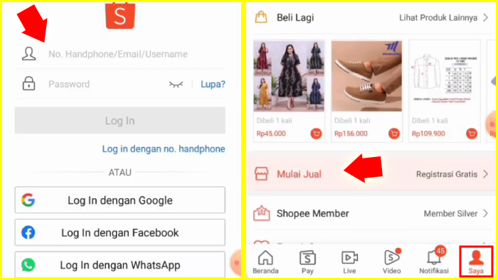 login ke akun shopee tap menu saya tap mulai jual