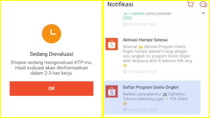 masa evaluasi ktp oleh shopee dan notifikasi aktivasi selesai