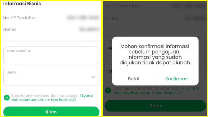 masukan informasi bisnis lalu konfirmasi ke neobank