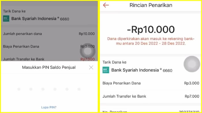 masukka pin saldo penjual untuk menarik dana dari shopee ke rekening bank