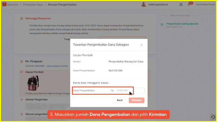 masukkan jumlah dana pengembalian dan pilih kirimkan shopee