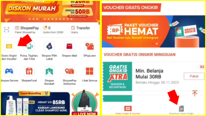 menu gratis ongkir dan voucher serta ketentuan gratis ongkir shopee