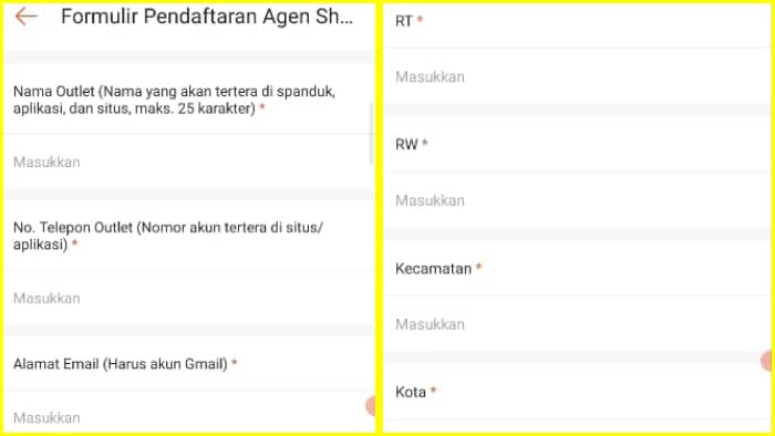 nama outlet untuk shopee nomor telepon email rt rw dan kecamatan kota