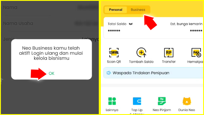 neo business aktif dan login ulang