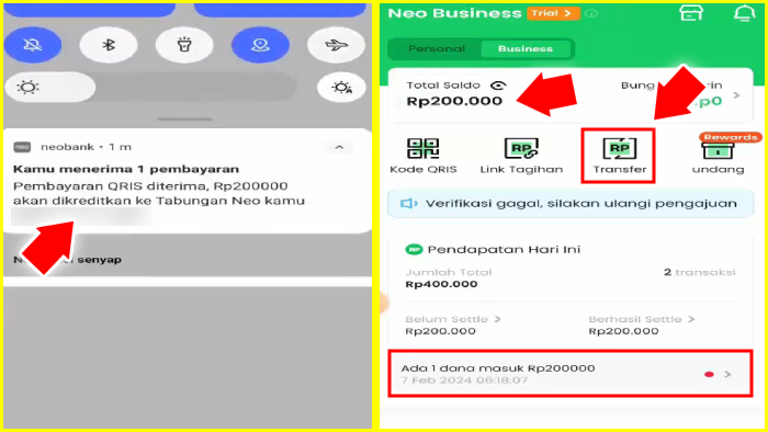 notifikasi dana masuk ke rekening neobank bisnis tekan menu transfer